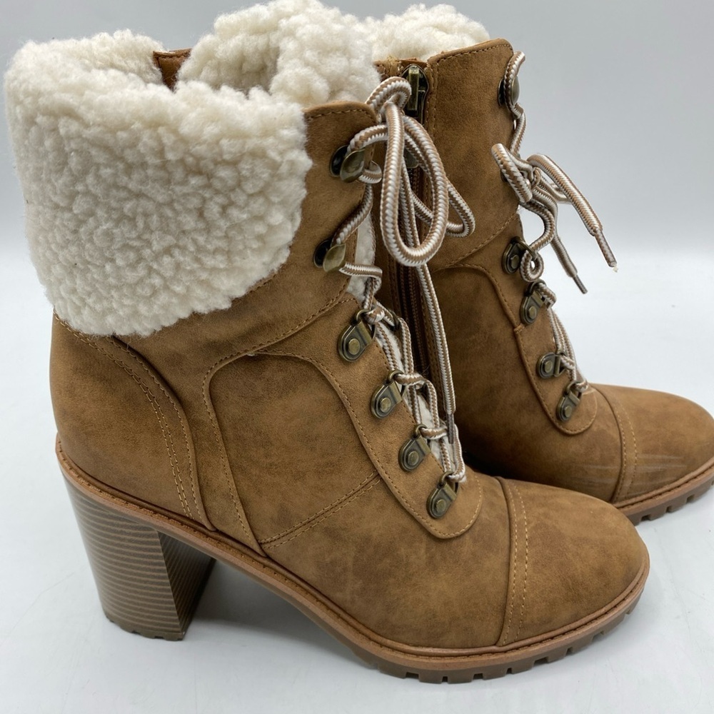 Chunky Heel Lace Up Faux Fur Lined Leather Boots 8.5 Nine West Brown Tan